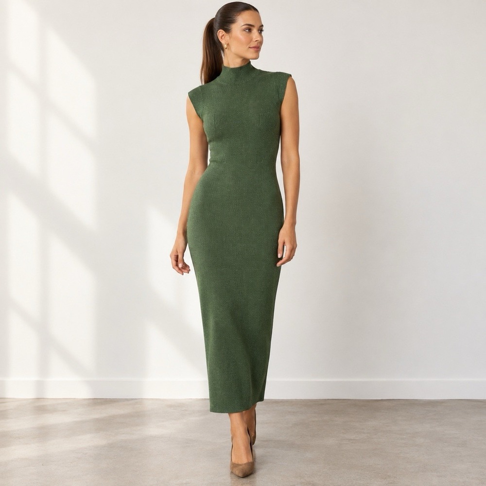 Zara Midi Knit Dress Size M Green Metallic Thread Sleeveless Bloggers Choice